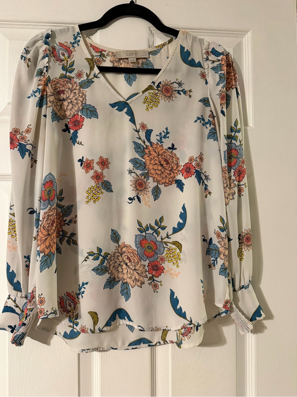 LOFT Cream Floral Puff-Sleeve Blouse with Blue and Rust Flowers